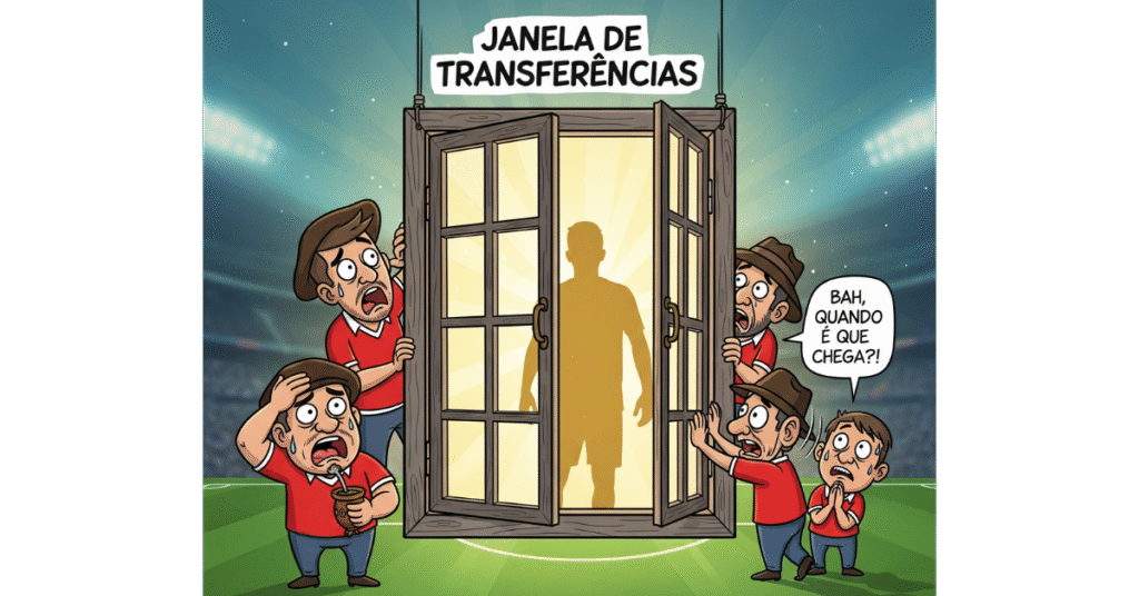 Cartoon cômico de torcedores do Internacional ansiosos pela janela de transferências no campo de futebol com a janela aberta.